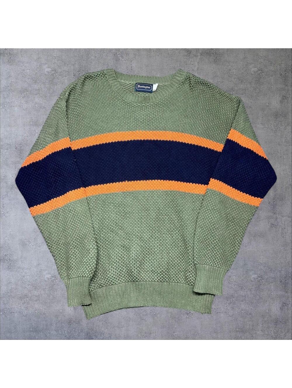 Vintage 90s HUNTINGTON Knit Green Striped Sweatshirt Sz Large Men’s Heavy Duty